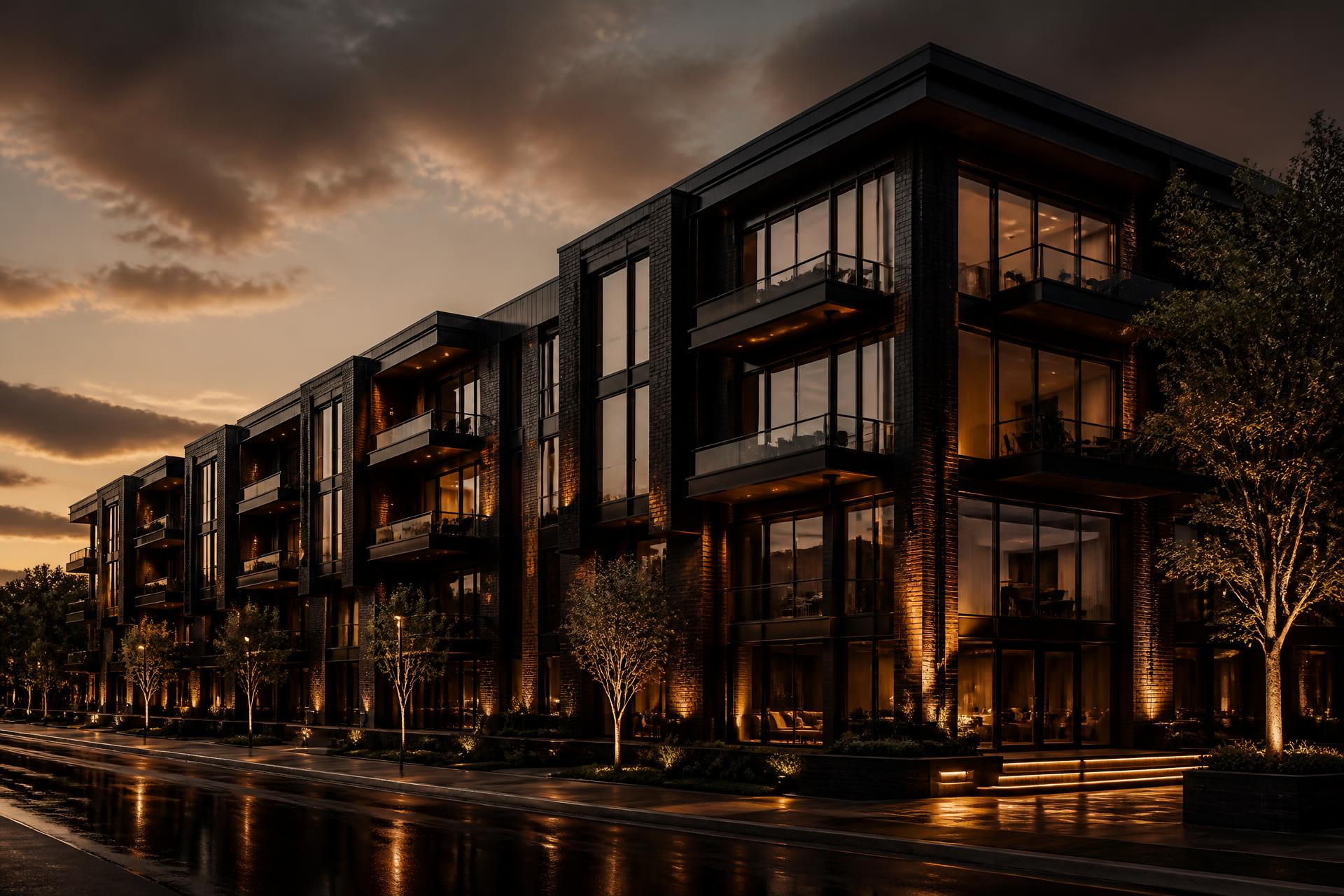 Modern mixed-use multifamily property at dusk